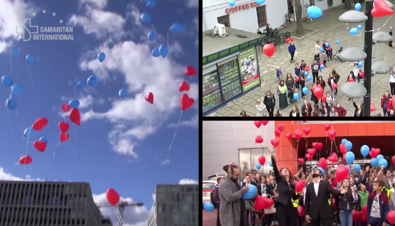 Balloons are let go in Berlin, Kaunas and Targu Mures (clockwise, starting from the left)