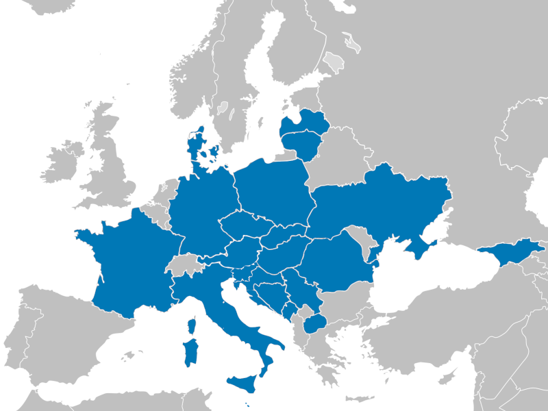 Map of Europe with all countries with at least one SAM.I. member marked blue
